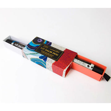 Lip balm duo packaging box with colorful design on a white background.
