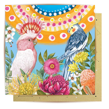 Colorful greeting card illustrated with two parrots and flowers.