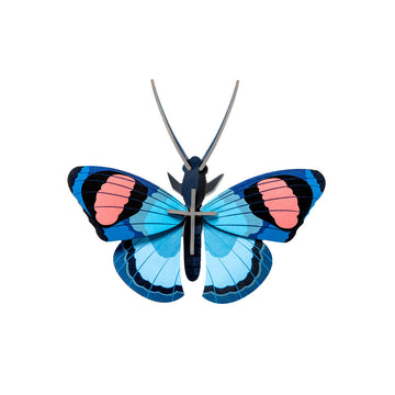 A blue peacock butterfly 3D model made from cardboard.