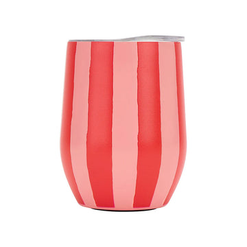 Red and pink striped tumbler on a white background.