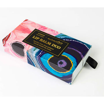 Lip balm duo packaging box with colorful design on a white background.