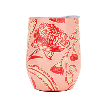 Red and pink tumbler with floral design on a white background.