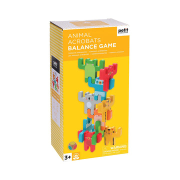 A box titled 'Animal Acrobats Balance Game' with a photo of animal shaped blocks in a tower design.