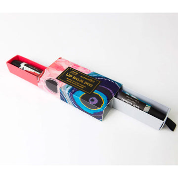 Lip balm duo packaging box with colorful design on a white background.