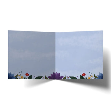 A square greeting card with an illustration of an animals in a frame surrounded by fruits and flowers.