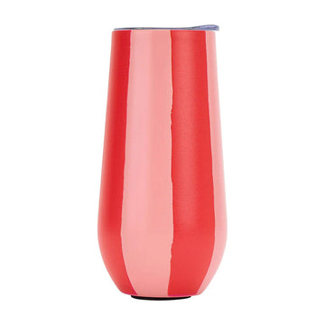 Red and pink striped stainless steel flute glass on a white background.