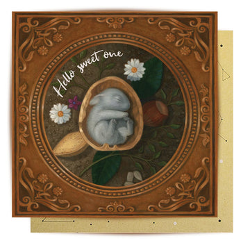 A square greeting card with an illustration of a sleeping bunny with the heading 'Hello Sweet One'.