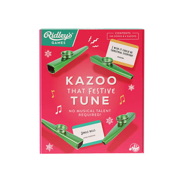 'Kazoo that Festive Tune' box cover featuring an image of four green kazoos and cards with song titles.
