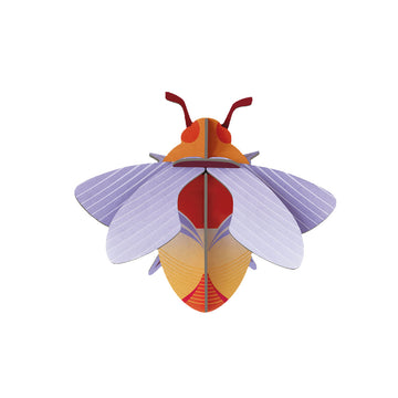 A cardboard model of a bumble bee in purple and orange.