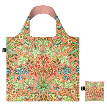 A reusable shopping bag illustrated with flowers next to a matching pouch.
