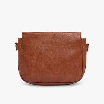 Front view of a tan cross body bag with a matching strap and chain detail along the top.