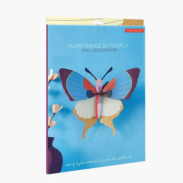 Packaging of plum fringe butterfly wall art decoration with a colorful butterfly illustration on a blue background.