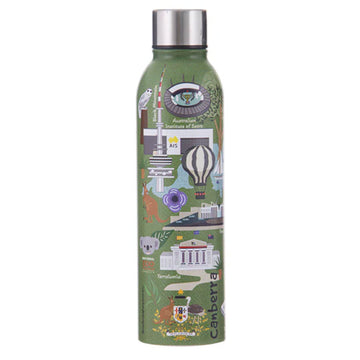 Green water bottle with illustrations on a white background.