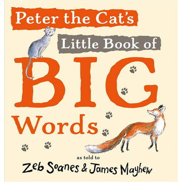 'Peter the Cat's Little Book of Big Words' book cover featuring an illustration of a cat and a fox around the book title.