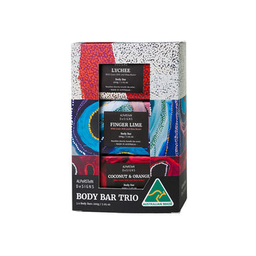 Box of Australian Made Body Bar Trio with colorful packaging on a white background.