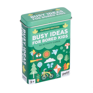 A green tin of cards titled 'Busy Ideas for Bored Kids' with illustrations of outdoor symbols.