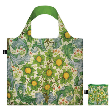 A reusable shopping bag in green illustrated with green flowers next to a matching pouch.