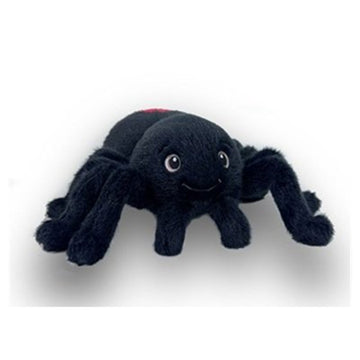 Black spider plush toy on a white background.