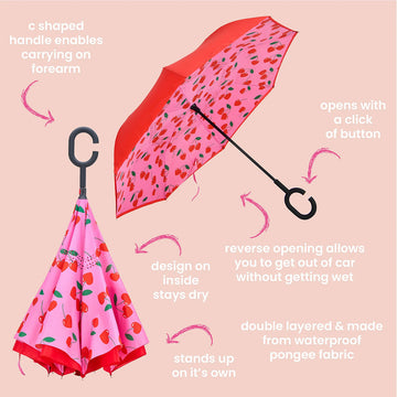 Inverted umbrella with cherry pattern on a pink background.