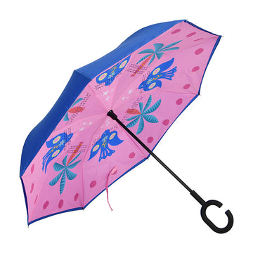 Pink umbrella with blue floral design and black handle on a white background