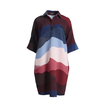 A dress with a collar and printed with a wave print in shades of blue and pink.