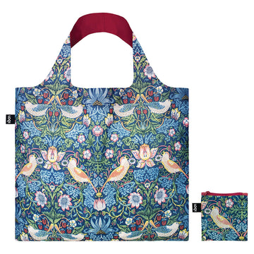 A reusable shopping bag in blue illustrated with birds and flowers next to a matching pouch.