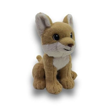 Plush toy dingo sitting on a white background.