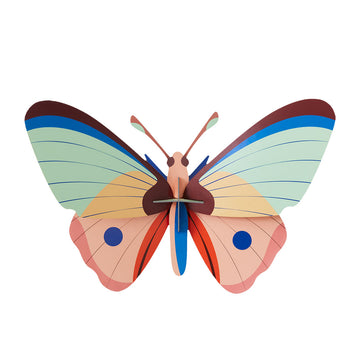 A 3D model of a butterfly made from coloured cardboard.