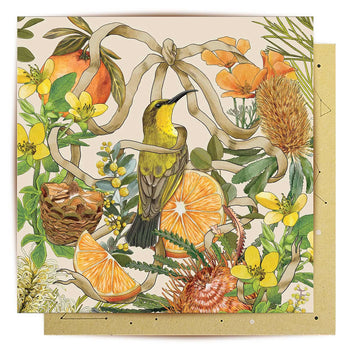 A square greeting card with an illustration of a bird surrounded by fruits and flowers in an orange colour scheme.