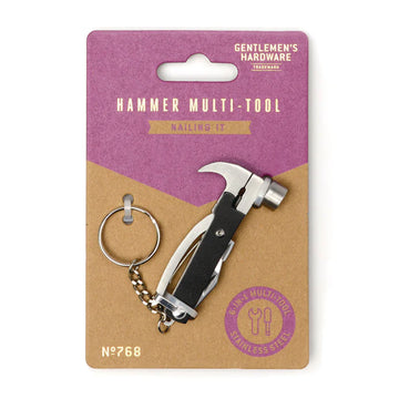 A hammer shaped multi tool attached to a brown card titled 'Hammer Multi Tool'.