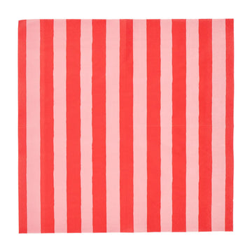 Red and pink striped paper napkin on a white background.