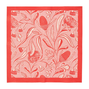 Floral patterned paper napkin with red border on a white background.