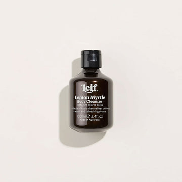 A small brown bottle with a black lid and white text on the front titled 'Lemon Myrtle Body Cleanser'.