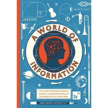 'A World of Information' book cover featuring a blue silhouette of a head with numbers, music and maths terms inside the head. There are images of planets, pencils, instruments and more around the cover.