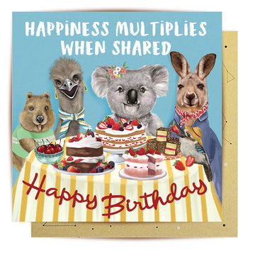 Birthday card with animals around a table with cakes and text 'Happiness multiplies when shared. Happy Birthday'.
