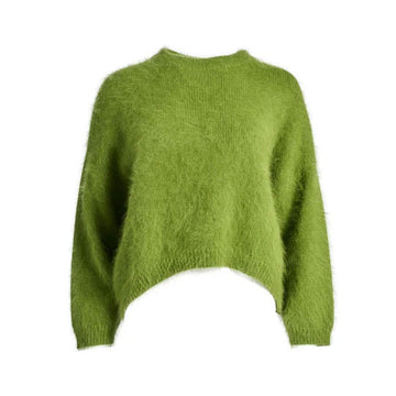 A women's angora fluffy sweater in moss green with a shaped hemline.