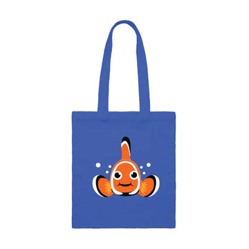 A blue tote bag with an illustration of a clown fish on the front.