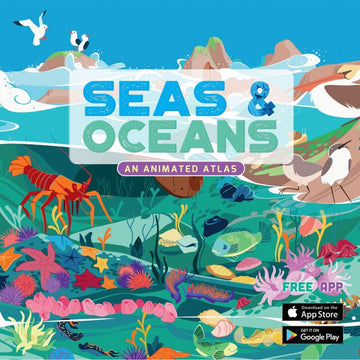 'Seas & Oceans' book cover featuring an illustrated background of the sea filled with sea animals and coral.