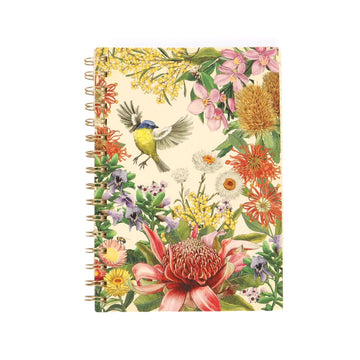 Notebook with floral and bird design on a white background.