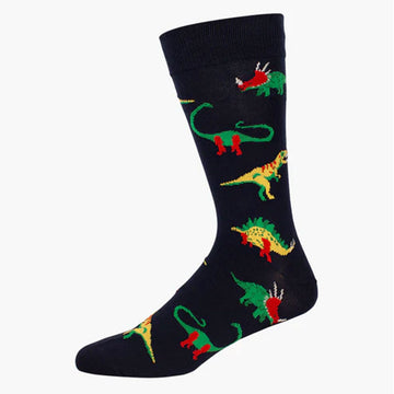 A dark blue sock illustrated with green, yellow and red dinosaurs.