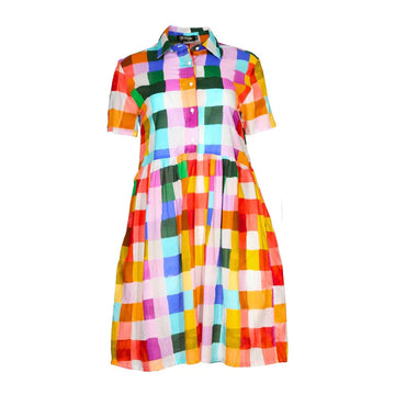 A short sleeve dress printed with a colourful checkered print.
