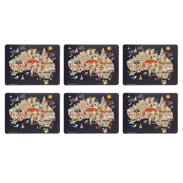 Set of six decorative placemats with illustrations of Australia on a white background.