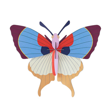 Packaging of plum fringe butterfly wall art decoration with a colorful butterfly illustration on a blue background.