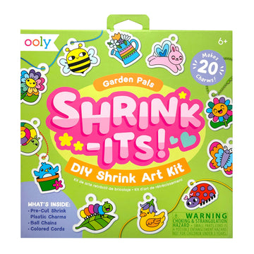 A box titled 'Shrink-Its!' with images of garden themed charms around the title including a bee, snail, flower and caterpillar.
