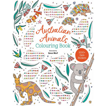 'Australian Animals Colouring Book' cover featuring illustrations of a koala, kangaroo and echidnas with cut outs showing gem stickers inside the book.