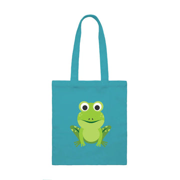 A teal blue tote bag with an illustration of a frog on the front.