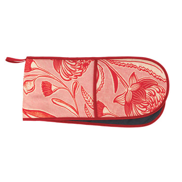 Floral-patterned red and pink oven mitt on a white background