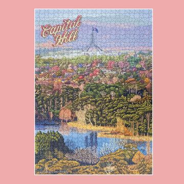 A puzzle box title 'Capital Hill' with an illustration of Parliament House and greenery by Trevor Dickinson.