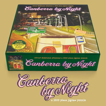 A puzzle box titled 'Canberra by Night' with an illustration of  Canberra street and bus stop at night by Trevor Dickinson.
