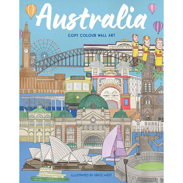 Coloring book cover with illustrations of Australian landmarks and architecture.